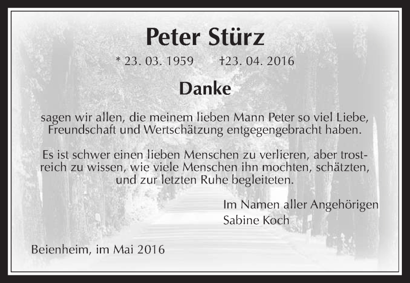  Traueranzeige für Peter Stürz vom 21.05.2016 aus Wetterauer Zeitung, Wetterauer Zeitung