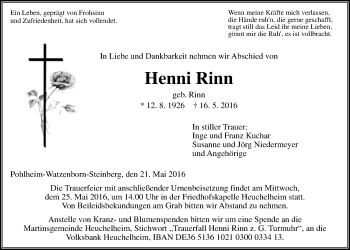 Traueranzeige von Henni Rinn von Gießener Allgemeine, Alsfelder Allgemeine