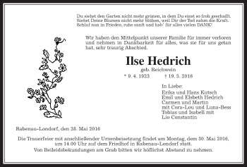 Traueranzeige von Ilse Hedrich von Gießener Allgemeine, Alsfelder Allgemeine