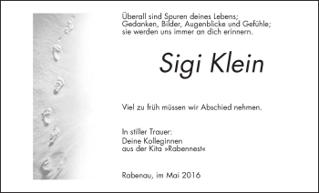 Traueranzeige von Sigi Klein von Rabenauer Zeitung