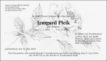 Traueranzeige von Irmgard Pleik von Gießener Allgemeine, Alsfelder Allgemeine