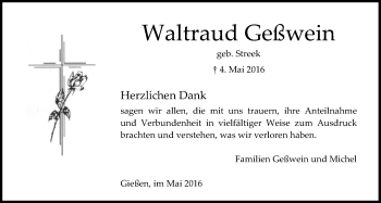 Traueranzeige von Waltraud Geßwein von Gießener Allgemeine, Alsfelder Allgemeine