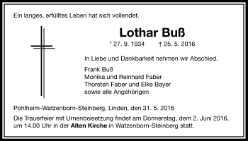 Traueranzeige von Lothar Buß von Gießener Allgemeine, Alsfelder Allgemeine
