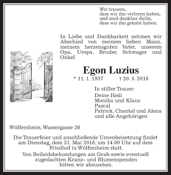 Traueranzeige von Egon Luzius von Wetterauer Zeitung, Wetterauer Zeitung