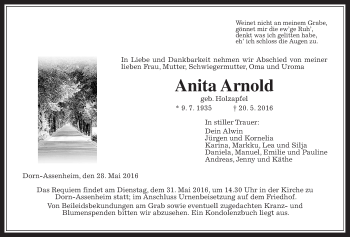 Traueranzeige von Anita Arnold von Wetterauer Zeitung, Wetterauer Zeitung