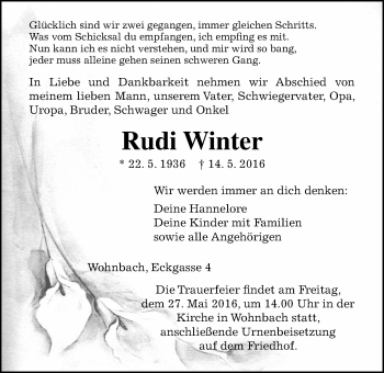 Traueranzeige von Rudi Winter von Gießener Allgemeine, Alsfelder Allgemeine