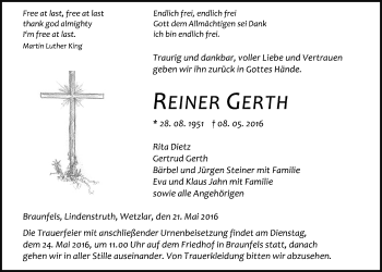 Traueranzeige von Reiner Gerth von Gießener Allgemeine, Alsfelder Allgemeine