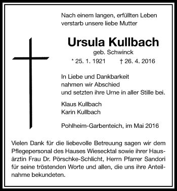 Traueranzeige von Ursula Kullbach von Gießener Allgemeine, Alsfelder Allgemeine, Pohlheimer Nachrichten