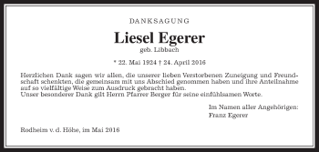 Traueranzeige von Liesel Egerer von Wetterauer Zeitung, Wetterauer Zeitung