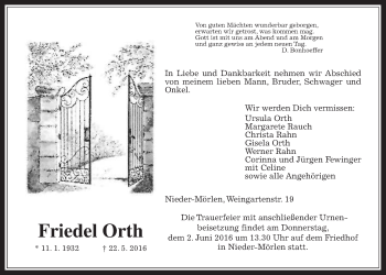 Traueranzeige von Friedel Orth von Wetterauer Zeitung, Wetterauer Zeitung