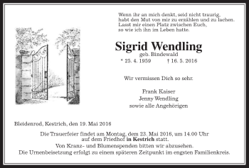 Traueranzeige von Sigrid Wendling von Alsfelder Allgemeine