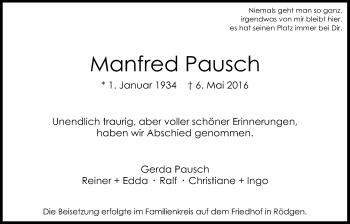Traueranzeige von Manfred Pausch von Gießener Allgemeine, Alsfelder Allgemeine
