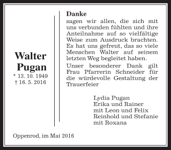 Traueranzeige von Walter Pugan von Gießener Allgemeine, Alsfelder Allgemeine