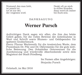 Traueranzeige von Werner Pursch von Wetterauer Zeitung, Wetterauer Zeitung
