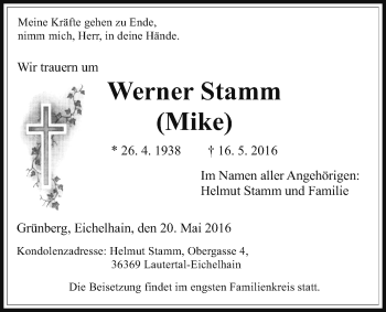 Traueranzeige von Werner Stamm von Gießener Allgemeine, Alsfelder Allgemeine
