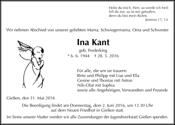 Traueranzeige von Ina Kant von Gießener Allgemeine, Alsfelder Allgemeine