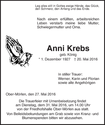 Traueranzeige von Anni Krebs von Wetterauer Zeitung, Wetterauer Zeitung