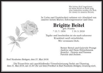 Traueranzeige von Brigitte Beitel von Wetterauer Zeitung, Wetterauer Zeitung