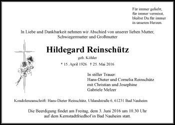 Traueranzeige von Hildegard Reinschütz von Wetterauer Zeitung, Wetterauer Zeitung