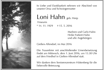 Traueranzeige von Loni Hahn von Gießener Allgemeine, Alsfelder Allgemeine