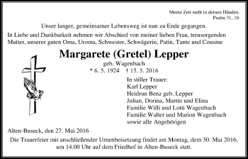 Traueranzeige von Margarete Lepper von Gießener Allgemeine, Alsfelder Allgemeine