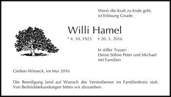 Traueranzeige von Willi Hamel von Gießener Allgemeine, Alsfelder Allgemeine