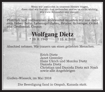 Traueranzeige von Wolfgang Dietz von Gießener Allgemeine, Alsfelder Allgemeine