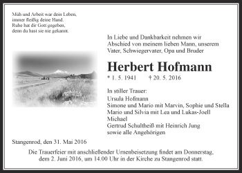 Traueranzeige von Herbert Hofmann von Gießener Allgemeine, Alsfelder Allgemeine