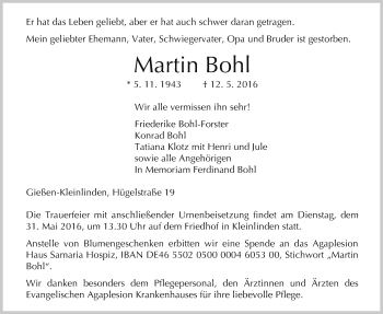 Traueranzeige von Martin Bohl von Gießener Allgemeine, Alsfelder Allgemeine