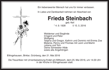 Traueranzeige von Frieda Steinbach von Gießener Allgemeine, Alsfelder Allgemeine