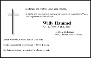 Traueranzeige von Willy Hammel von Gießener Allgemeine, Alsfelder Allgemeine