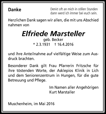 Traueranzeige von Elfriede Marsteller von Licher Wochenblatt, Licher Wochenblatt, Licher Wochenblatt