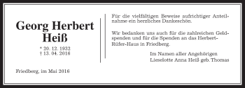 Traueranzeige von Georg Herbert Heiß von Wetterauer Zeitung, Wetterauer Zeitung