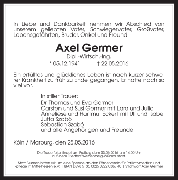 Traueranzeige von Axel Germer von Gießener Allgemeine, Alsfelder Allgemeine