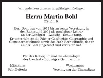 Traueranzeige von Martin Bohl von Gießener Allgemeine, Alsfelder Allgemeine, Gießener Allgemeine, Alsfelder Allgemeine, Wetterauer Zeitung, Wetterauer Zeitung