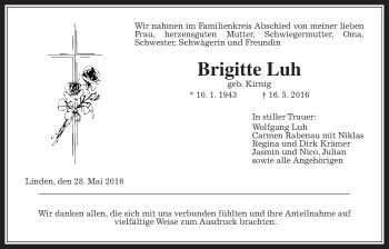 Traueranzeige von Brigitte Luh von Gießener Allgemeine, Alsfelder Allgemeine