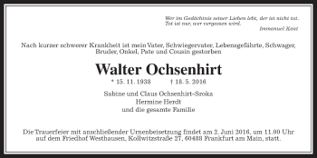 Traueranzeige von Walter Ochsenhirt von Wetterauer Zeitung, Wetterauer Zeitung