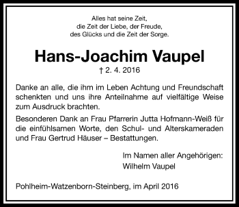 Traueranzeige von Hans-Joachim Vaupel von Pohlheimer Nachrichten