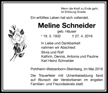 Traueranzeige von Meline Schneider von Pohlheimer Nachrichten