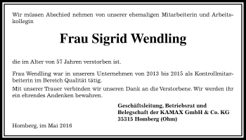 Traueranzeige von Sigrid Wendling von Alsfelder Allgemeine