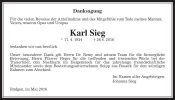 Traueranzeige von Karl Sieg von Gießener Allgemeine, Alsfelder Allgemeine