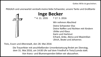 Traueranzeige von Inge Becker von Gießener Allgemeine, Alsfelder Allgemeine