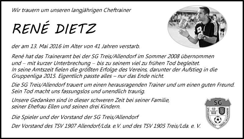  Traueranzeige für Rene Dietz vom 21.05.2016 aus Gießener Allgemeine, Alsfelder Allgemeine