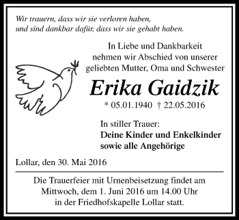 Traueranzeige von Erika Gaidzik von Gießener Allgemeine, Alsfelder Allgemeine