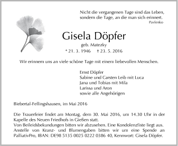 Traueranzeige von Gisela Döpfer von Gießener Allgemeine, Alsfelder Allgemeine