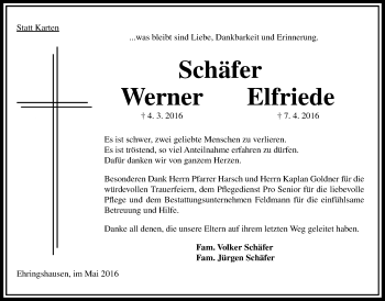 Traueranzeige von Elfriede und Werner Schäfer von Alsfelder Allgemeine
