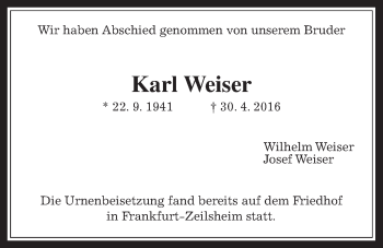 Traueranzeige von Karl Weiser von Wetterauer Zeitung, Wetterauer Zeitung