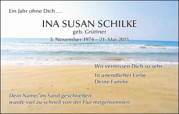 Traueranzeige von Ina Susan Schilke von Gießener Allgemeine, Alsfelder Allgemeine