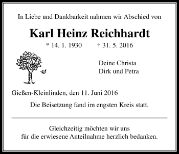 Traueranzeige von Karl Heinz Reichhardt von Gießener Allgemeine, Alsfelder Allgemeine