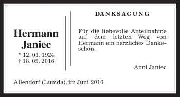 Traueranzeige von Hermann Janiec von Allendorfer Mitteilungen